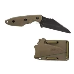 Cuchillo Pugna Dummy Tan con funda kydex y ajuste MOLLE, ideal para airsoft.