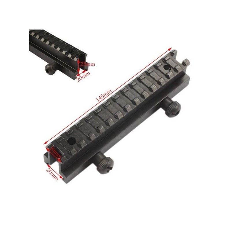 Rail elevador metálico 140 mm, eleva las miras para un disparo más cómodo, fabricado en metal negro.