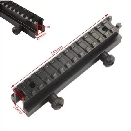 Rail elevador metálico 140 mm, eleva las miras para un disparo más cómodo, fabricado en metal negro.