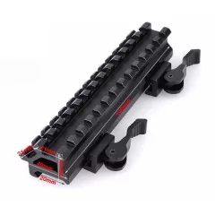 Montura 140 mm con anclajes QD y rail 45º, eleva las miras para una posición más cómoda al disparar, fabricada en metal negro.
