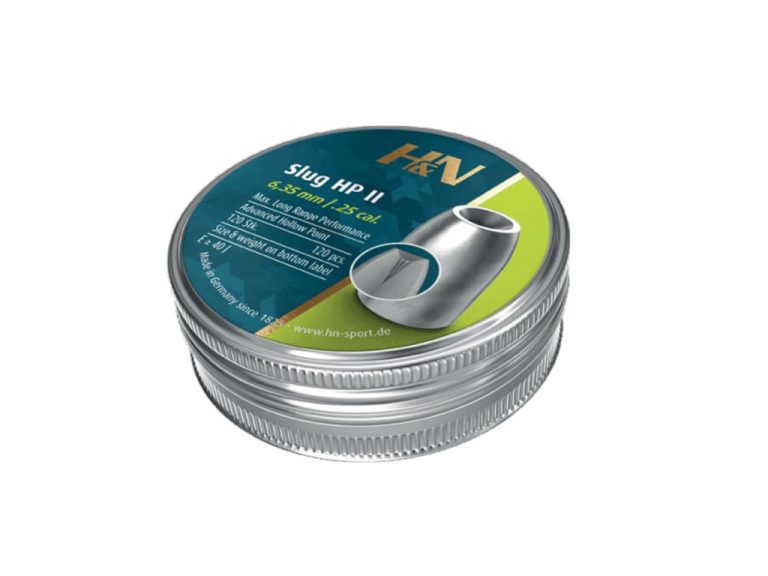 Balines H&N Slug HP II 6.35 mm vista frontal de la lata