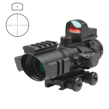 Mira JS Tactical 4x32 con mini red dot, ideal para distancias largas y cortas