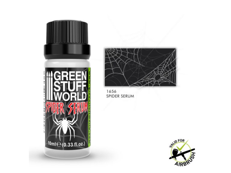 Bote de Spider Serum de Green Stuff World junto a un aerógrafo