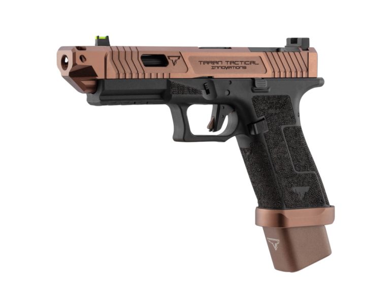 Vista lateral de la pistola GBB G17 TTI Ballerina Taran Tactical CNC Bronce