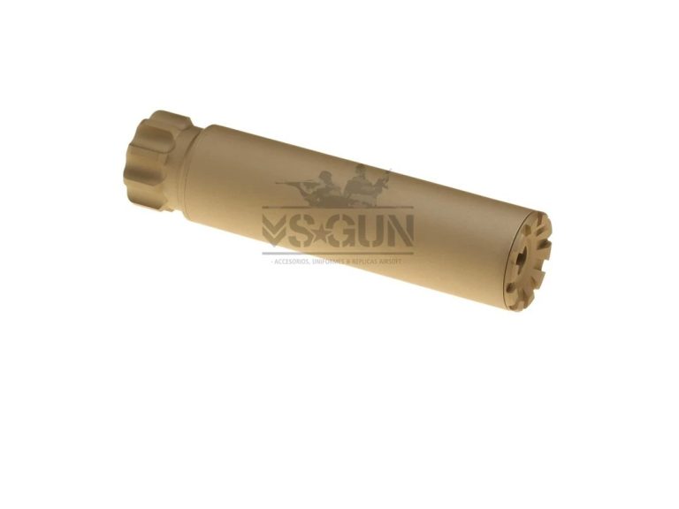 Silenciador FMA Specter 152x35 mm tan, táctico y resistente.