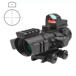 Mira 4x32 con fibra óptica y micro red dot para precisión y versatilidad