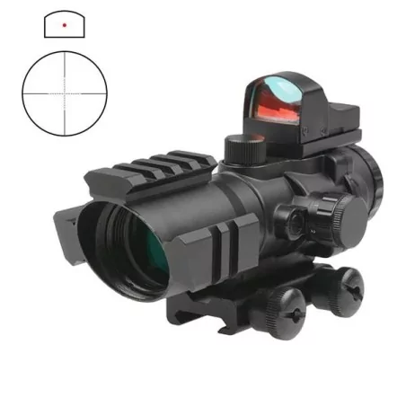 Mira 4x32 con fibra óptica y micro red dot para precisión y versatilidad