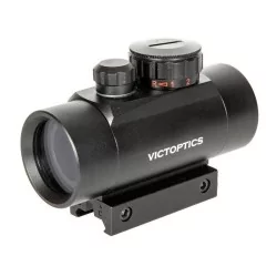 Mira Victoptics 1X35mm negra, punto rojo/verde, ajuste brillo, alta precisión.