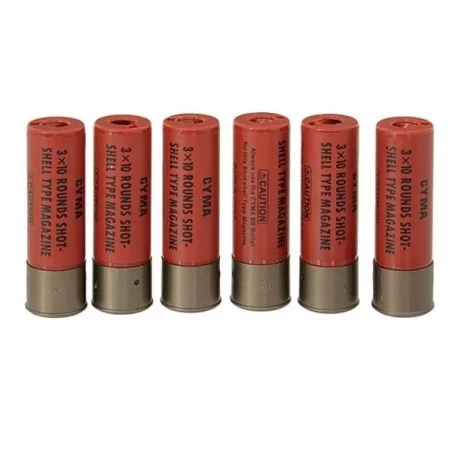 Set de 6 cartuchos para escopetas Cyma, compatibles y de alta calidad.