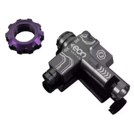 Cámara hop-up M4 Gate EON, carcasa de titanio y rueda de ajuste violeta.