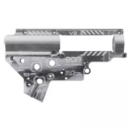 Carcasa Gearbox V2 Gate EON plata reforzada 8mm, optimiza durabilidad y rendimiento.
