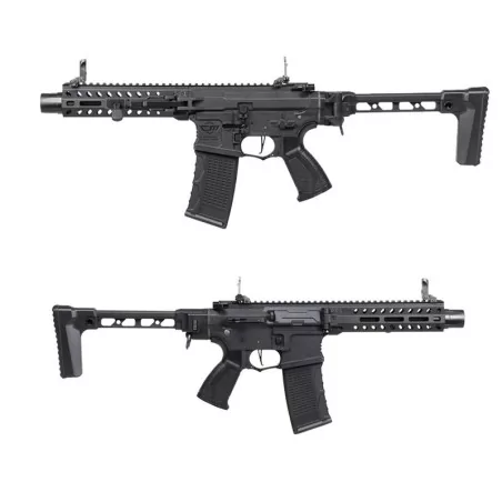 Réplica FAR 556 ETU G&G Negra plegable, ideal para airsoft compacto.