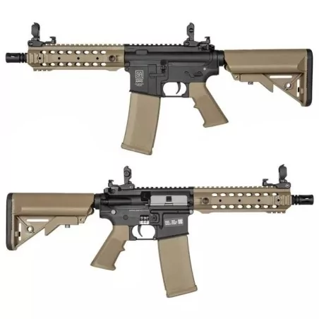 Réplica Specna Arms SA-F01 FLEX tan/negra, versátil y precisa para airsoft.