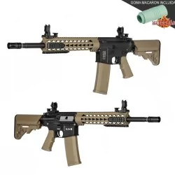 Réplica Specna Arms SA-F02 FLEX negro/tan con MOSFET X-ASR, alta precisión para airsoft.