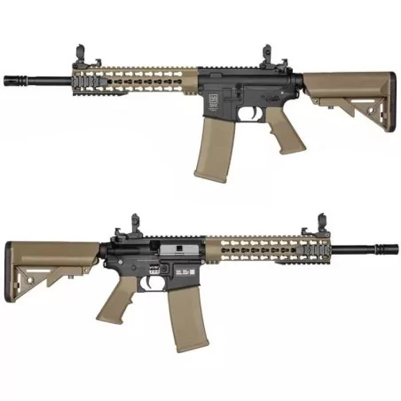 Réplica Specna Arms SA-F02 FLEX tan/negra, versátil y precisa para airsoft.