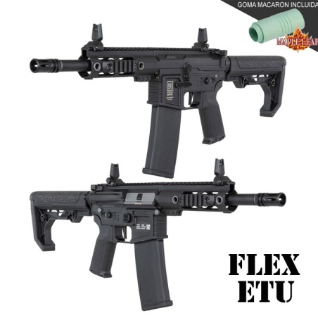 Replica Specna Arms SA-F04 FLEX™ ETU™ negra, gatillo eléctrico y goma Maple Leaf para airsoft.