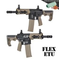 Replica Specna Arms SA-F04 FLEX™ ETU™ negra/tan, gatillo electrónico y goma Maple Leaf para airsoft.