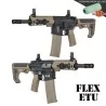 Replica Specna Arms SA-F04 FLEX™ ETU™ negra/tan, gatillo electrónico y goma Maple Leaf para airsoft.