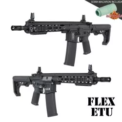 Replica Specna Arms SA-F05 FLEX™ ETU™ negra, gatillo electrónico y goma Maple Leaf para airsoft.