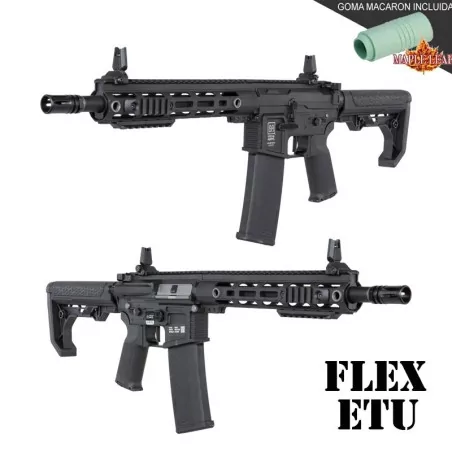 Replica Specna Arms SA-F05 FLEX™ ETU™ negra, gatillo electrónico y goma Maple Leaf para airsoft.