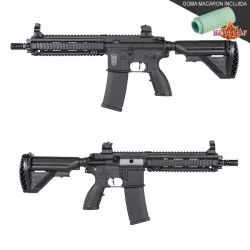 Replica Specna Arms SA-F06 FLEX ETU negra, gatillo electrónico y goma Maple Leaf para airsoft.