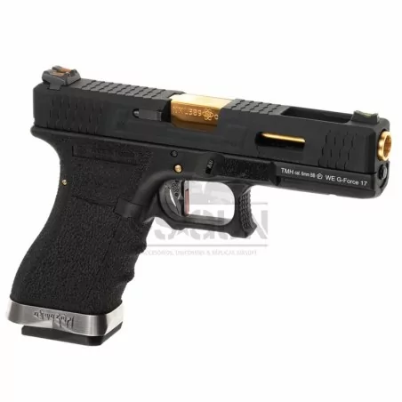 Pistola G17 WE G-Force 17 Negra/Gold, réplica airsoft elegante y precisa