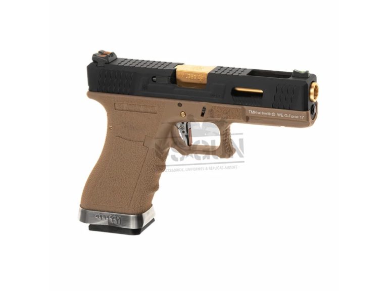 Pistola G17 WE G-Force 17 Tan/Gold, réplica airsoft elegante y precisa
