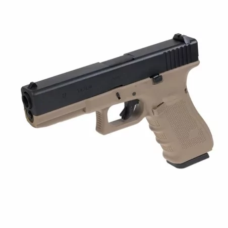 Réplica GLOCK 17 WE GEN4 gas color tan y negro para partidas de airsoft