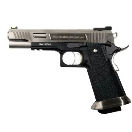 Réplica WE Hi-Capa 5.1 T.Rex Gas Negra/Plata para airsoft, precisión y estilo