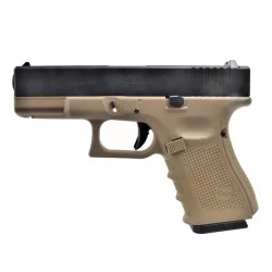 Réplica Glock 19 Gen4 WE Gas Tan y Negra para airsoft, compacta y táctica