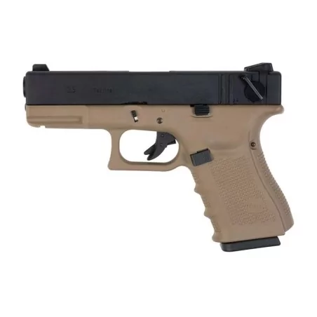 Réplica Glock 23 Gen4 WE Auto Gas Tan y Negra para airsoft, táctica y compacta