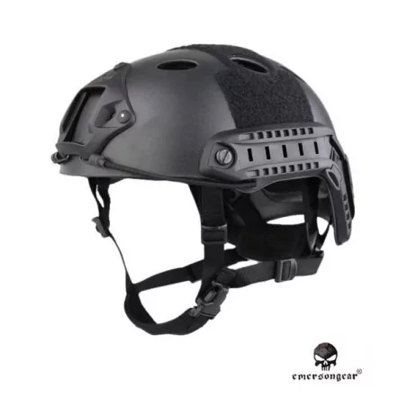 Casco Emerson PJ Gama Alta Negro con rieles y montura táctica