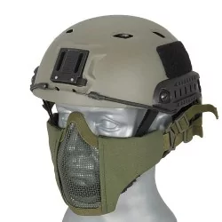 Máscara rejilla + tela para casco Verde OD con diseño táctico y ventilación eficaz.