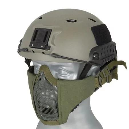 Máscara rejilla + tela para casco Verde OD con diseño táctico y ventilación eficaz.