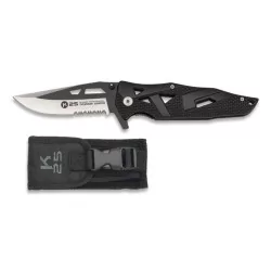 CUCHILLO K25 HOJA CALADA NEGRO-PLATA Y FUNDA ENFOQUE FRONTAL