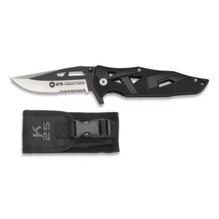 CUCHILLO K25 HOJA CALADA NEGRO-PLATA Y FUNDA ENFOQUE FRONTAL