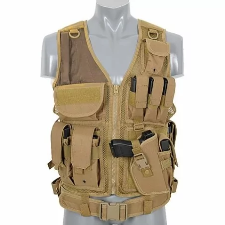 Chaleco airsoft CQB Tan con diseño compacto y funcional para combate cerrado