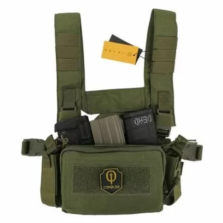 Micro Chest Rig Conquer Verde OD con diseño táctico compacto y camuflaje natural