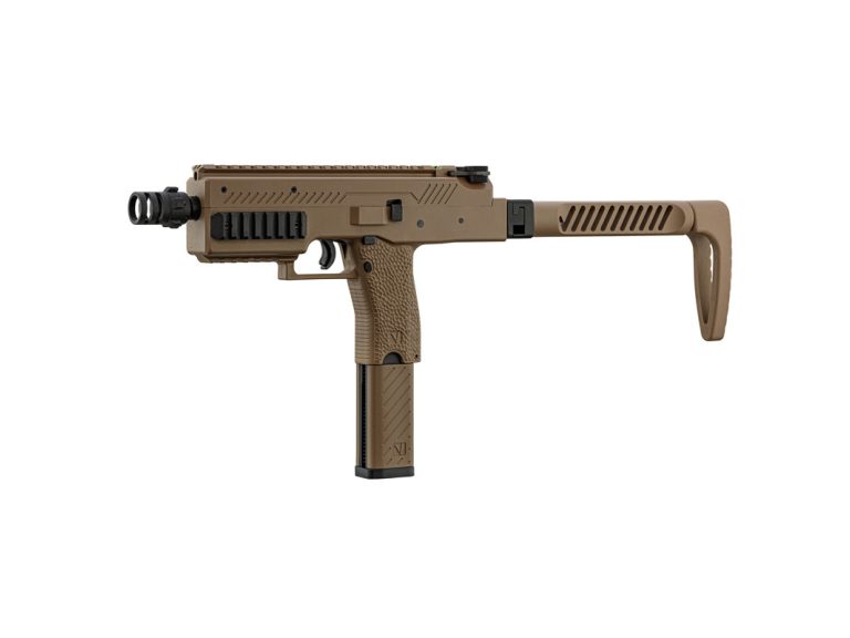 Réplica de subfusil de airsoft Vorsk VMP-1 GBB en color tan, con culata plegable y miras de fibra.