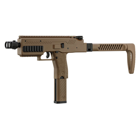 Réplica de subfusil de airsoft Vorsk VMP-1 GBB en color tan, con culata plegable y miras de fibra.