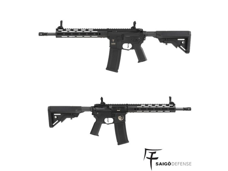 Réplica de airsoft Saigo Defense Shogun Gure AEG ETU en color negro con guardamanos metálico y culata ajustable.