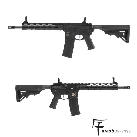 Réplica de airsoft Saigo Defense Shogun Gure AEG ETU en color negro con guardamanos metálico y culata ajustable.