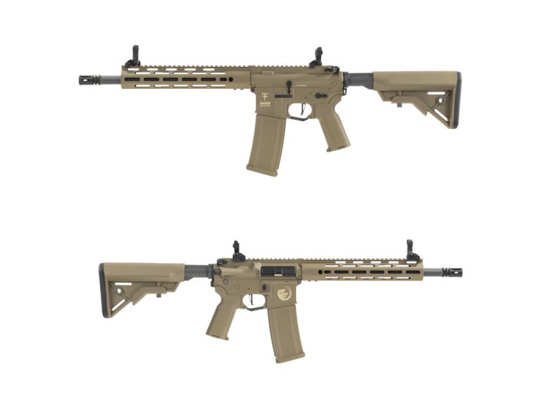 Réplica de airsoft Saigo Defense Shogun Gure AEG ETU en color tan con guardamanos metálico y culata ajustable.