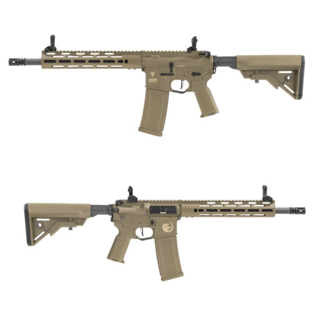 Réplica de airsoft Saigo Defense Shogun Gure AEG ETU en color tan con guardamanos metálico y culata ajustable.
