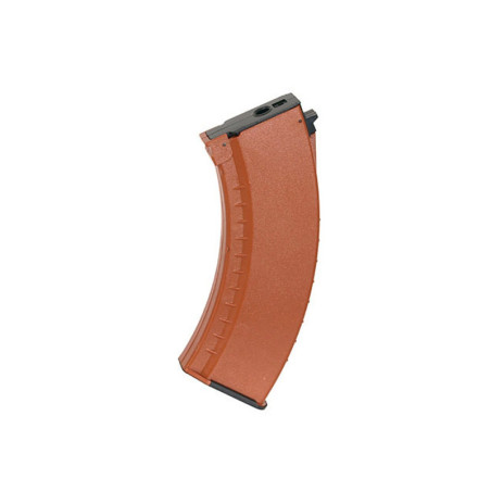 Cargador Mid-Cap de 150 bolas de la marca CYMA para réplicas AK en color naranja, fabricado en polímero.