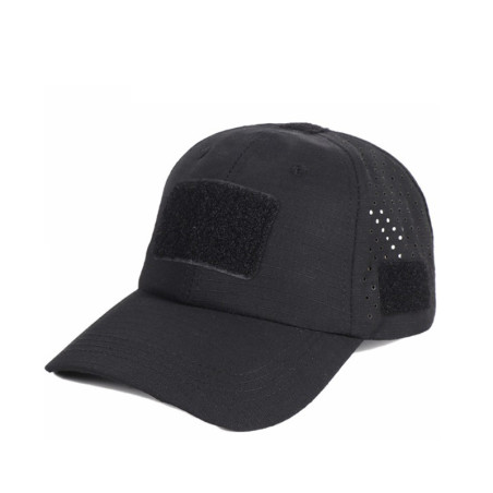 Gorra camuflaje negra ajustable con cierre de velcro y diseño táctico